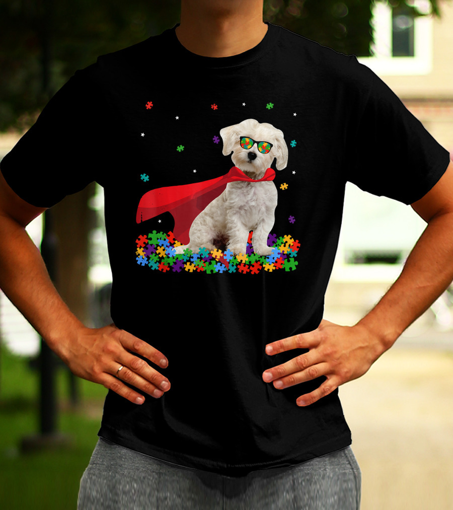 Superhero Maltese Dog Puzzle Pieces Autism Awareness T-Shirt