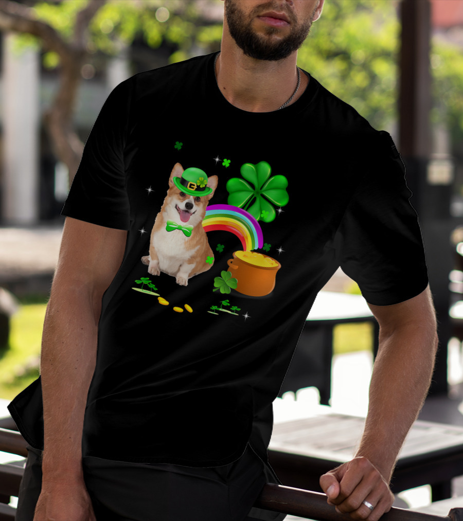 Corgi Dog Shamrock St Patricks Day Leprechaun Rainbow Pot Of Gold T-Shirt