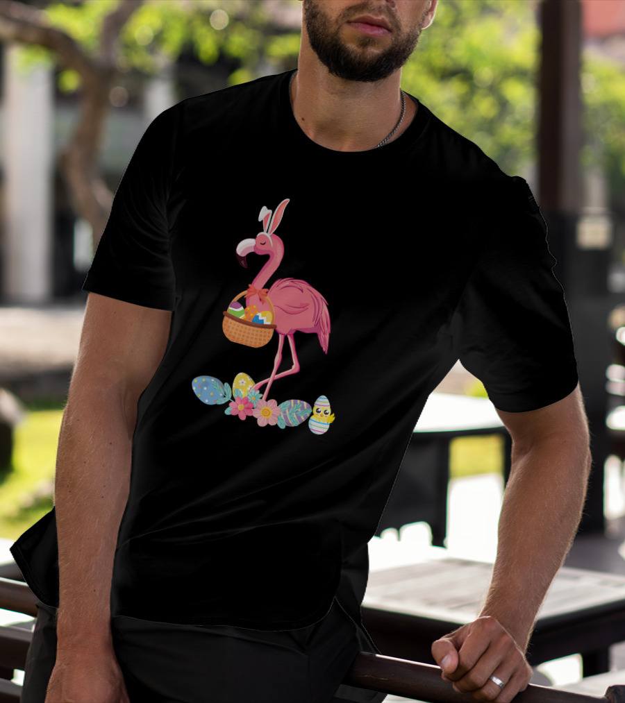 Easter Flamingo Bunny With Easter Egg Basket And Floral Eggs T-Shirt