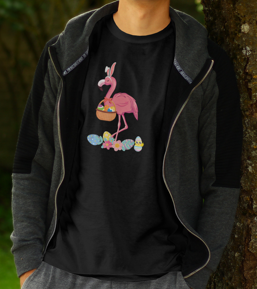 Easter Flamingo Bunny With Easter Egg Basket And Floral Eggs T-Shirt