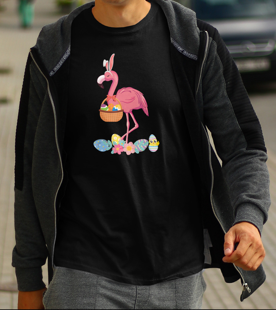 Easter Flamingo Bunny With Easter Egg Basket And Floral Eggs T-Shirt