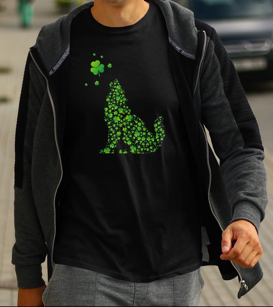 Shamrock Patterned Wolf With Clover Accents T-Shirt