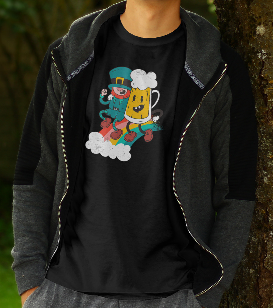 Leprechaun And Beer Besties Riding Rainbow With Clouds T-Shirt