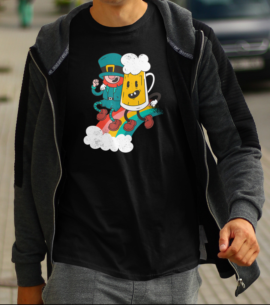 Leprechaun And Beer Besties Riding Rainbow With Clouds T-Shirt