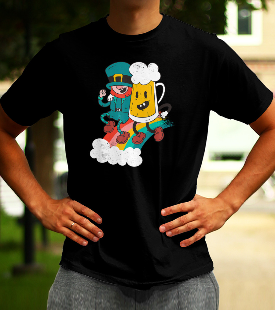 Leprechaun And Beer Besties Riding Rainbow With Clouds T-Shirt