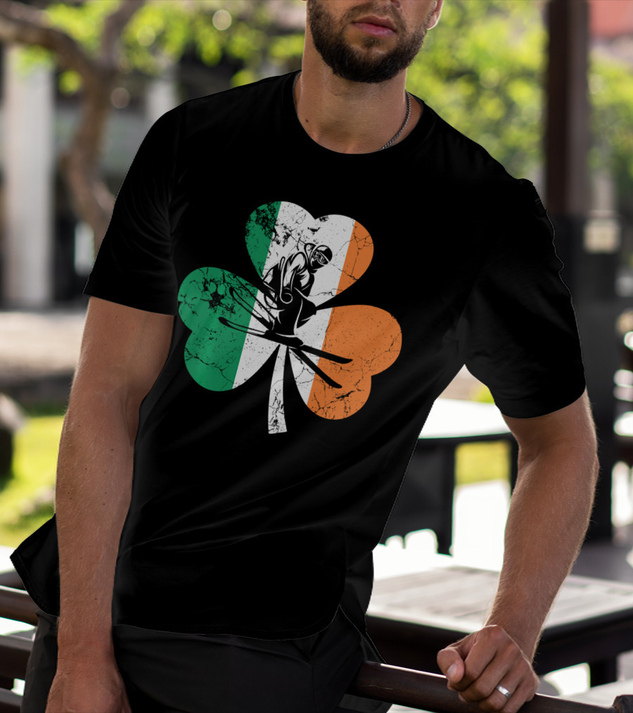 Skiing Shamrock St Patrick's Day Ireland Irish Flag T-Shirt