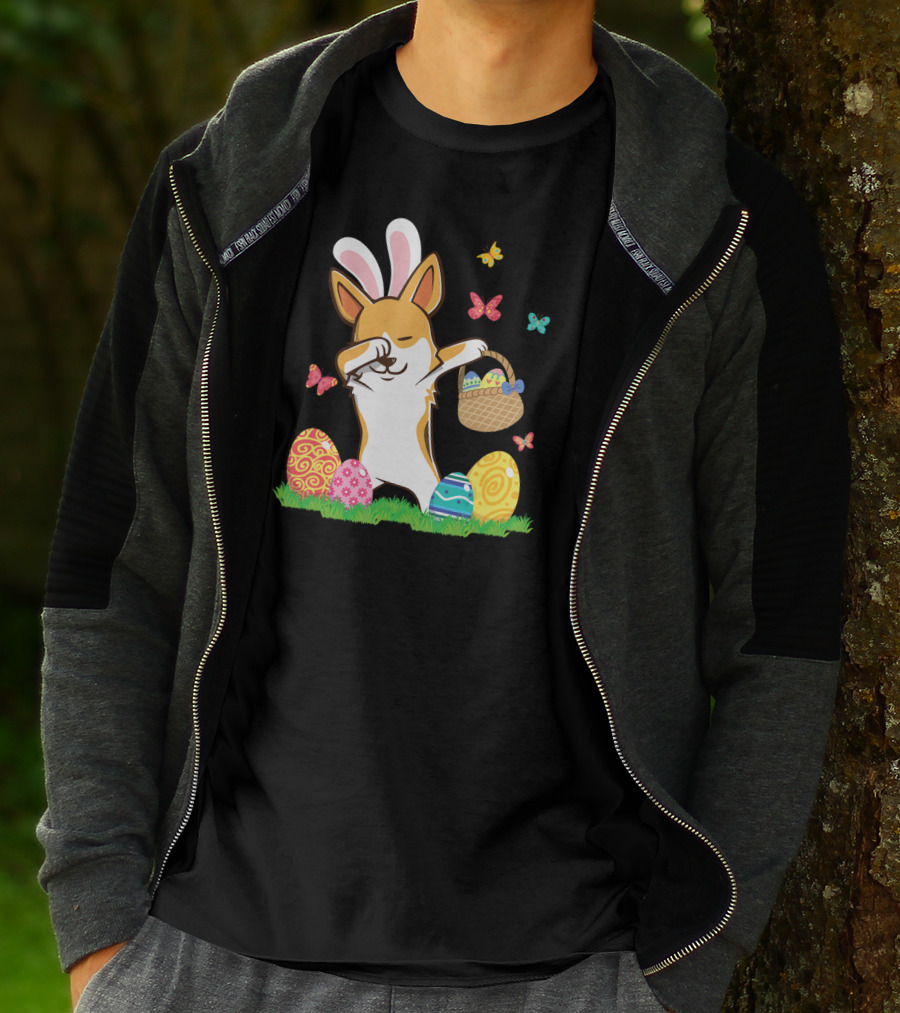 Corgi Bunny Dog Dabbing With Colorful Easter Eggs And Butterflies T-Shirt