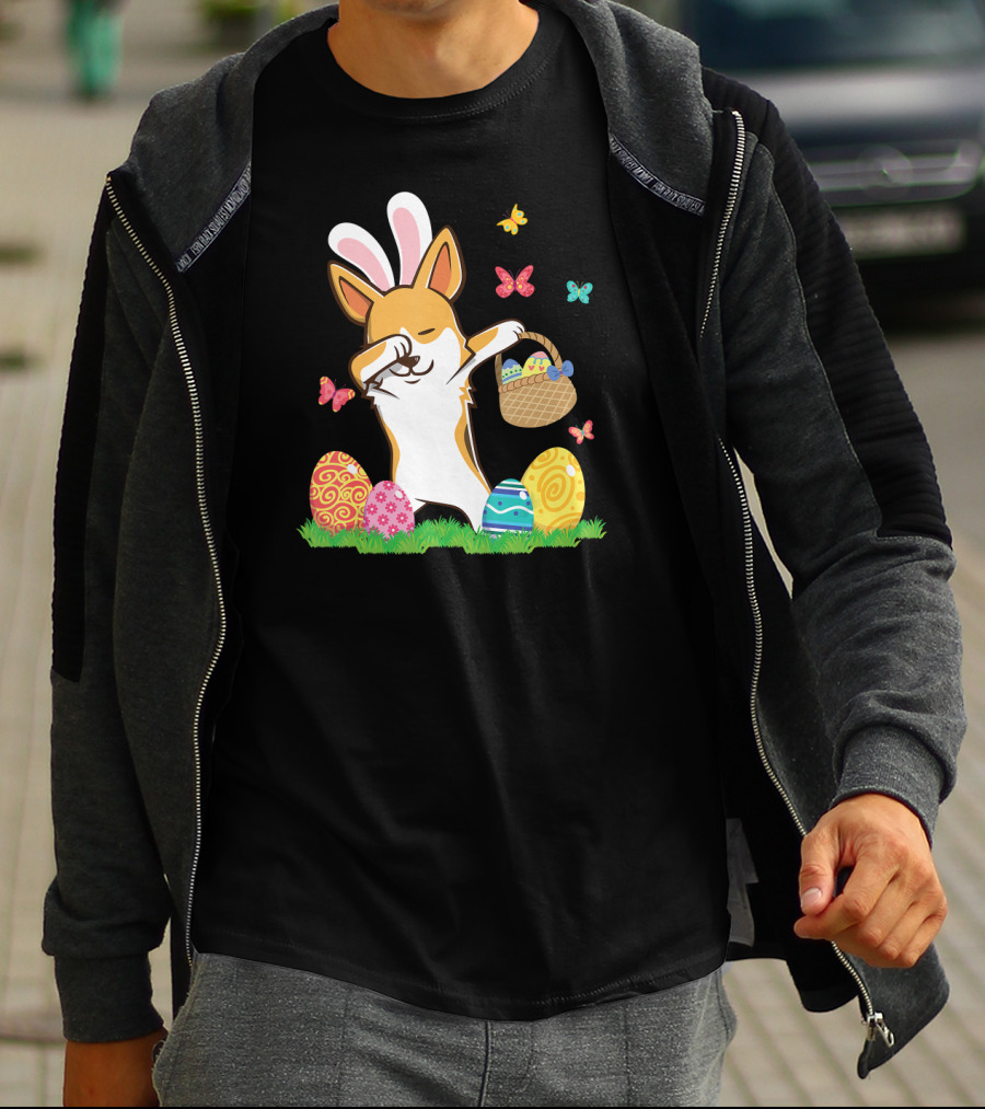 Corgi Bunny Dog Dabbing With Colorful Easter Eggs And Butterflies T-Shirt