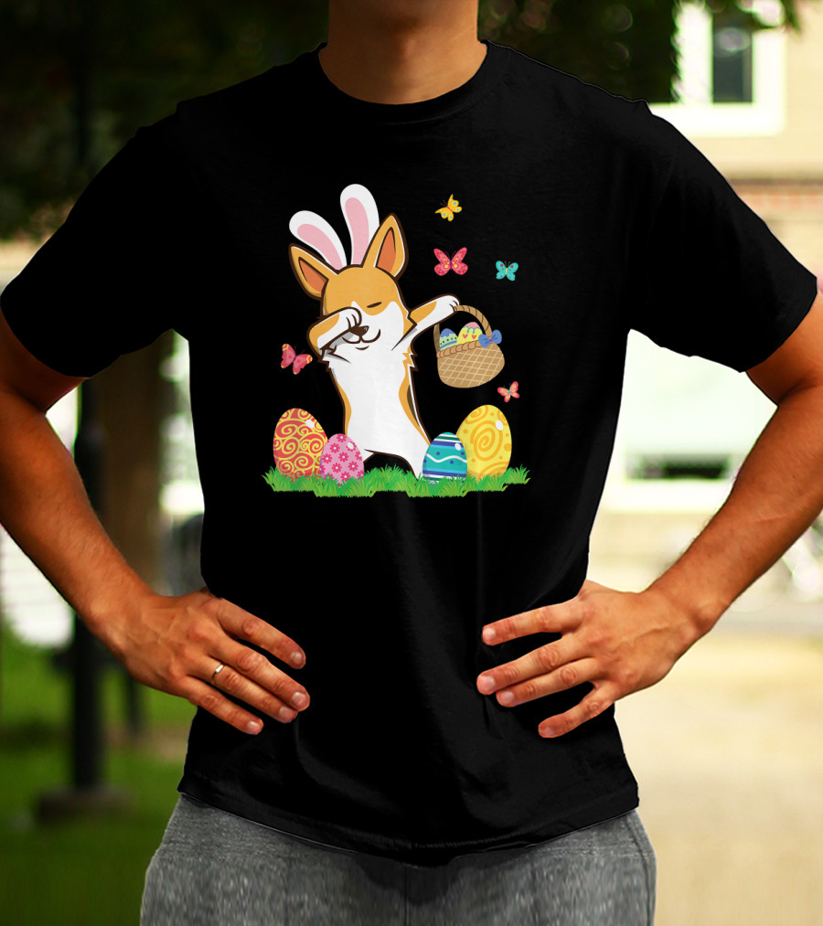 Corgi Bunny Dog Dabbing With Colorful Easter Eggs And Butterflies T-Shirt