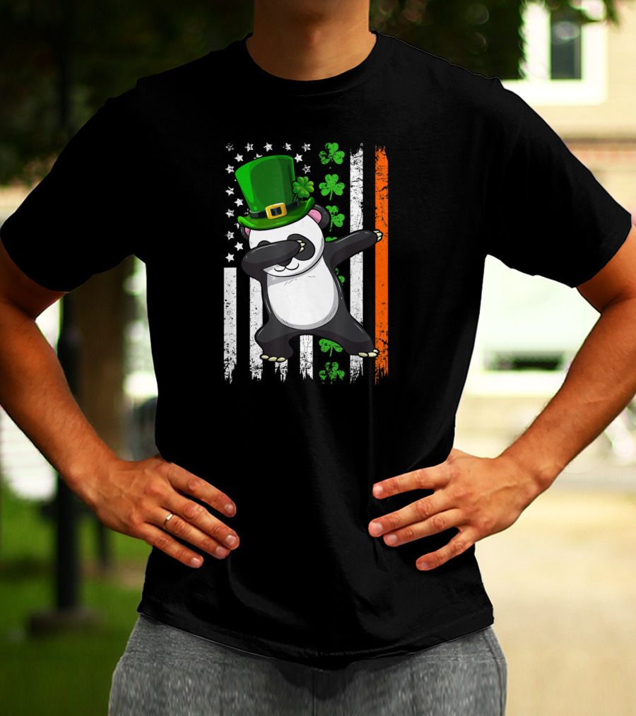 Dabbing Panda Leprechaun Shamrock Green Hat St Patrick's Day Irish Flag T-Shirt