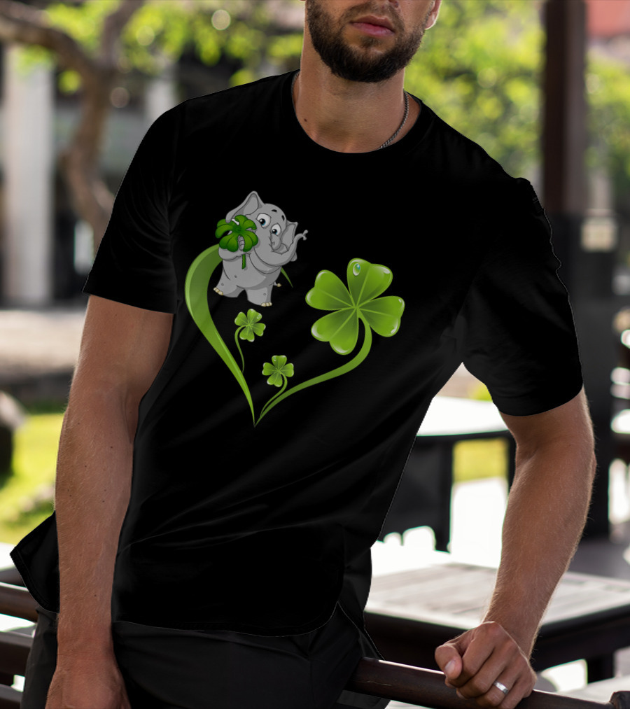Elephant With Shamrock Heart And Clover Leaves T-Shirt