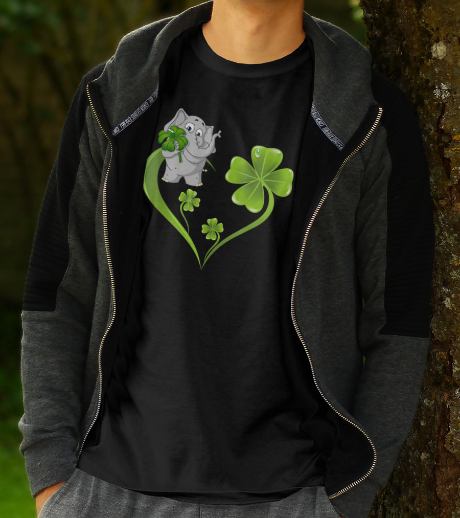 Elephant With Shamrock Heart And Clover Leaves T-Shirt