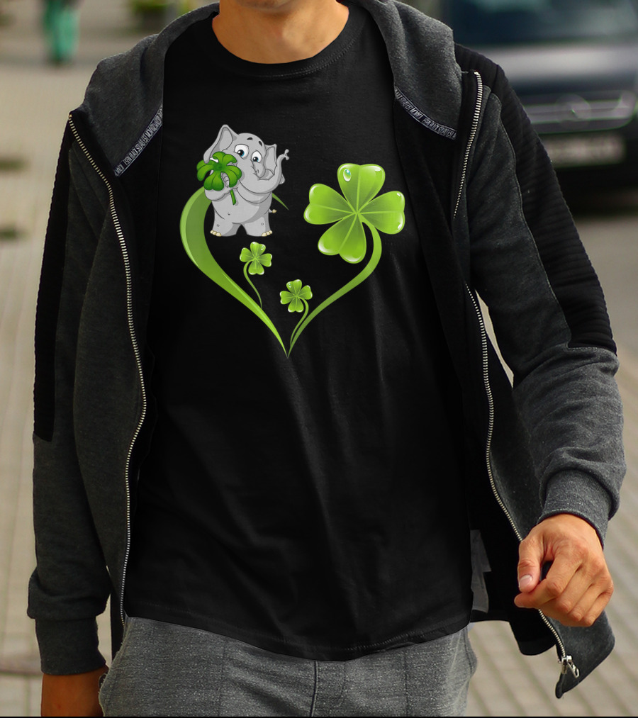 Elephant With Shamrock Heart And Clover Leaves T-Shirt