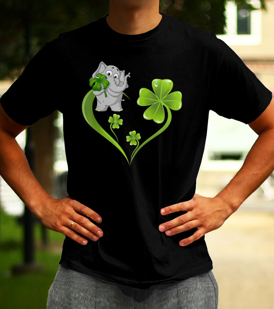 Elephant With Shamrock Heart And Clover Leaves T-Shirt