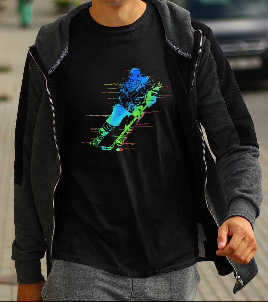 Ice Hockey Player Funny Athletes Glitch Effect Neon Athlete T-Shirt