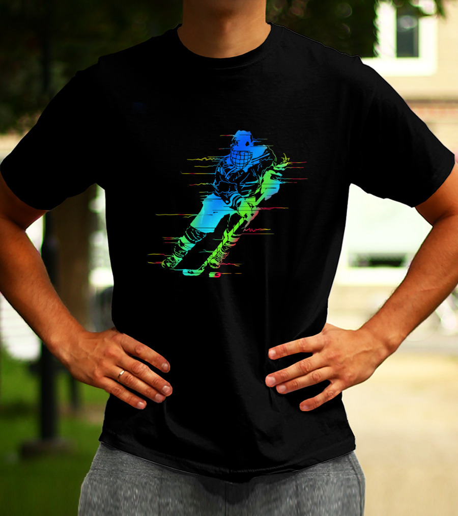 Ice Hockey Player Funny Athletes Glitch Effect Neon Athlete T-Shirt