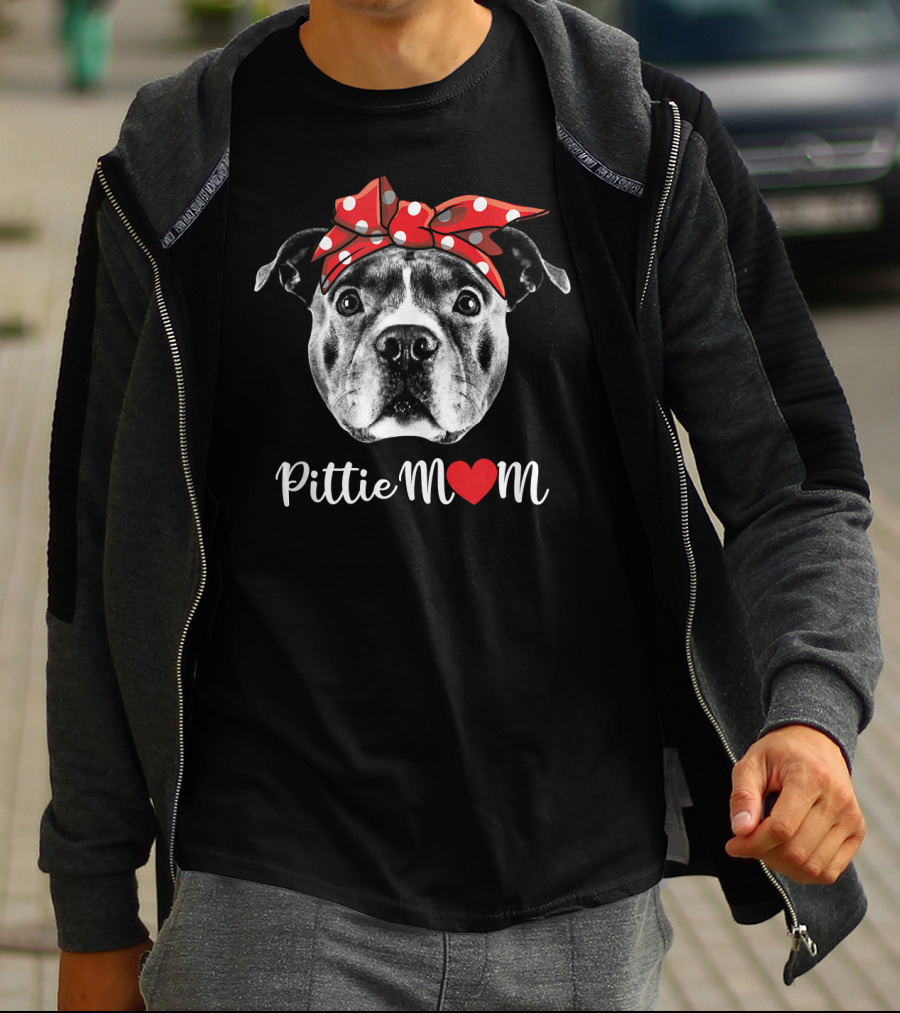 Pittie Mom Heart Pitbull Dog Red Polka Dot Bow T-Shirt