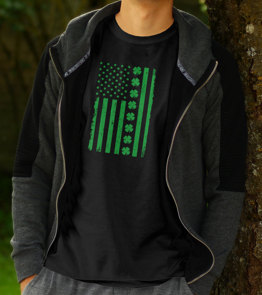 St Patrick Day Green Shamrock Irish American Flag T-Shirt