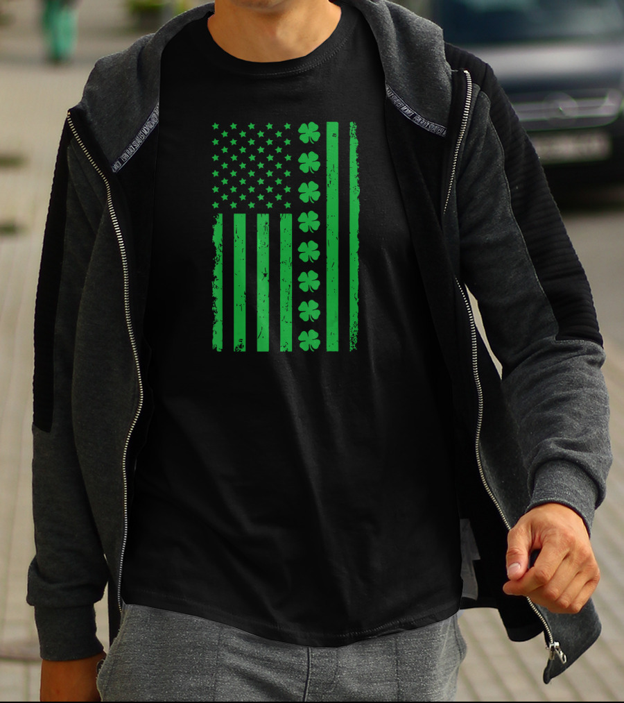 St Patrick Day Green Shamrock Irish American Flag T-Shirt