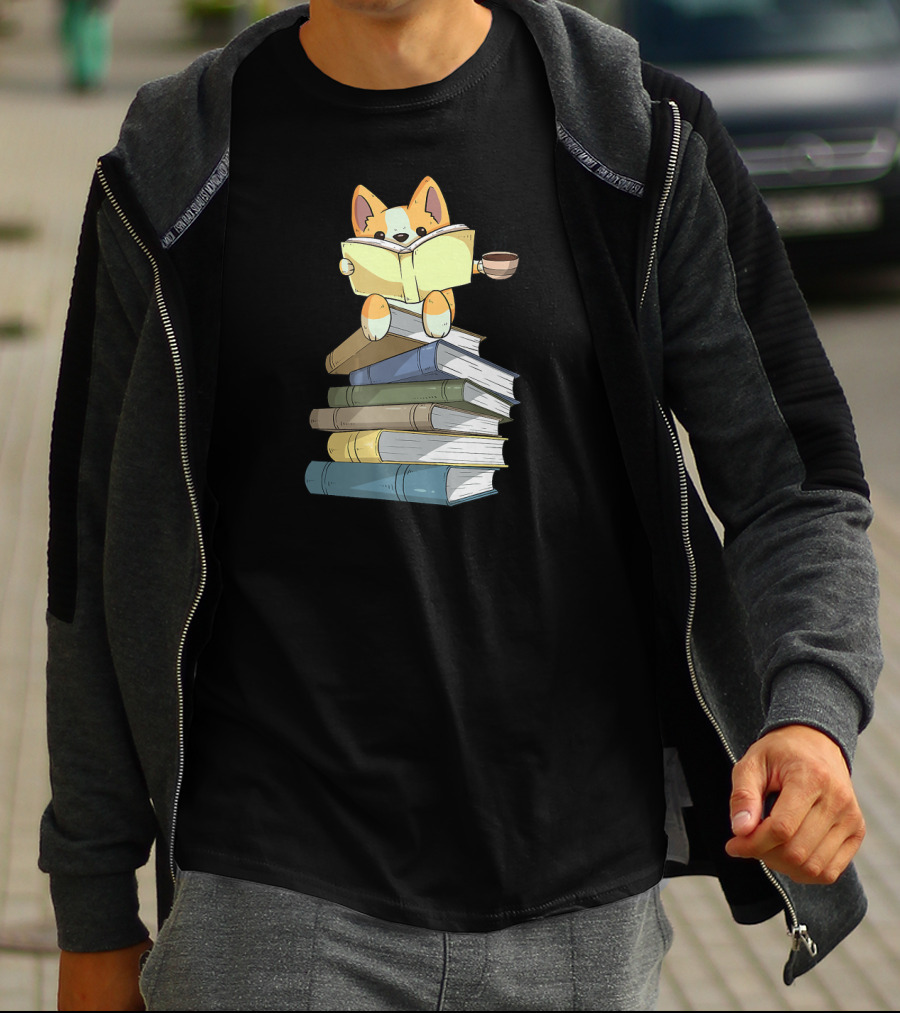 Welsh Corgi Reading Books With Coffee T-Shirt