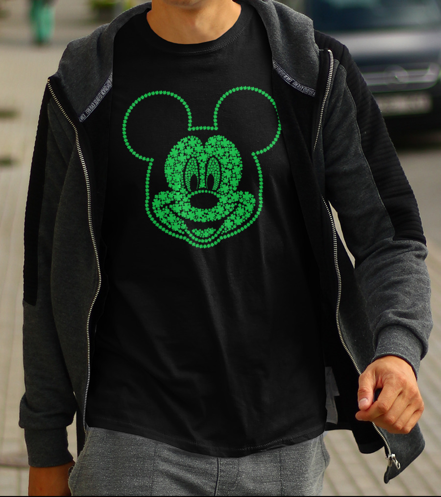 Disney Mickey Mouse St. Patrick's Shamrock Pattern Face T-Shirt