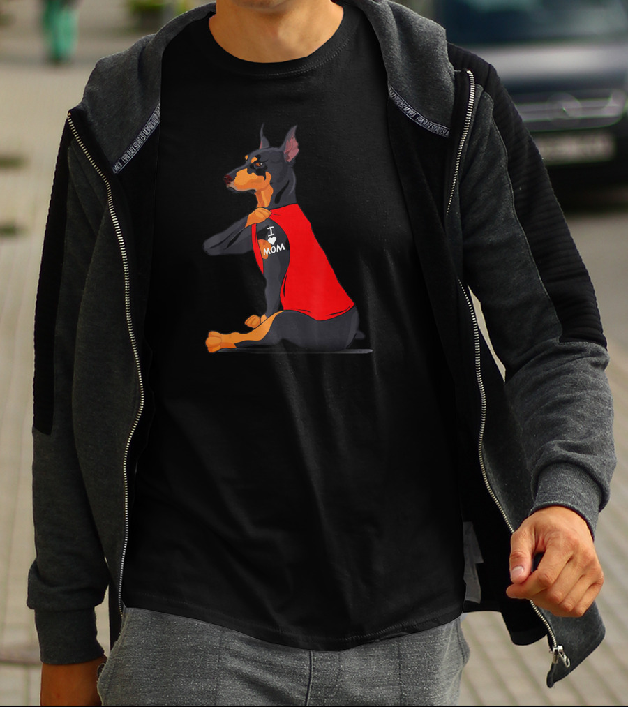 Doberman With Red Shirt And I Love Mom Tattoo T-Shirt