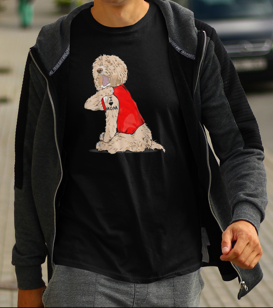 Labradoodle I Love Mom Tattoo Funny Dog In Red Vest Sitting Pose T-Shirt