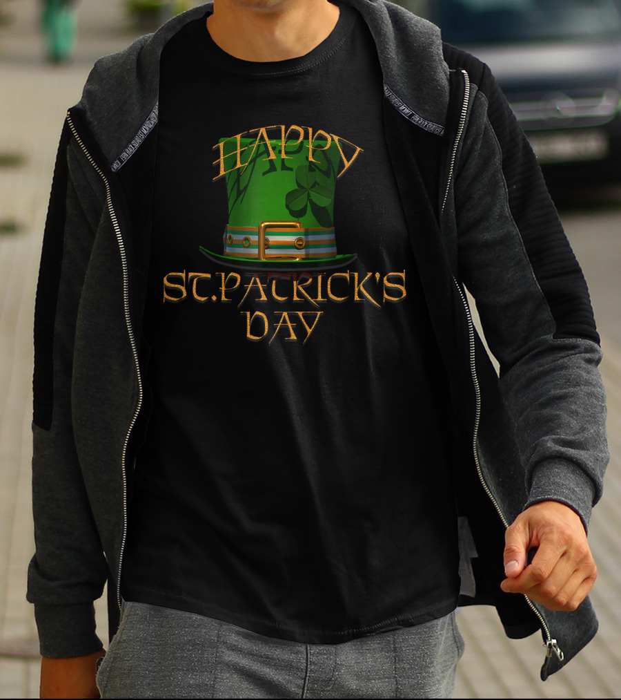 Happy St Patrick's Day Green Top Hat With Shamrock T-Shirt