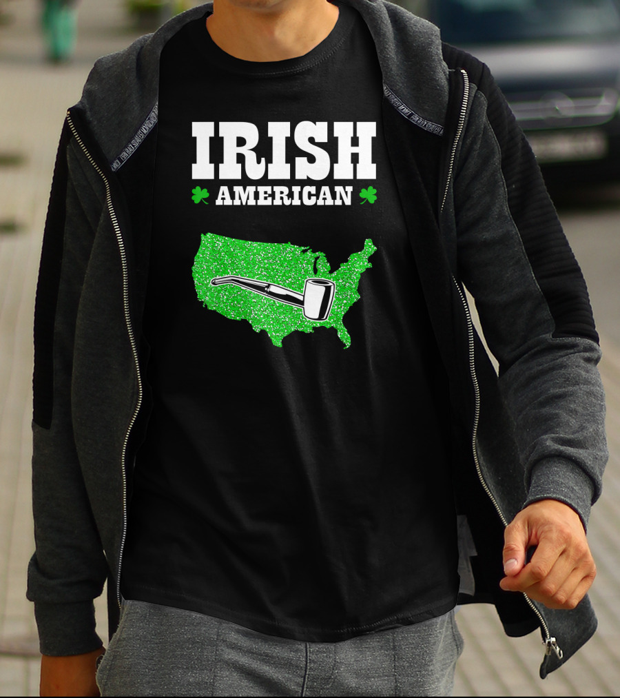 Irish American Shamrock Map With Pipe St Patrick's Day T-Shirt