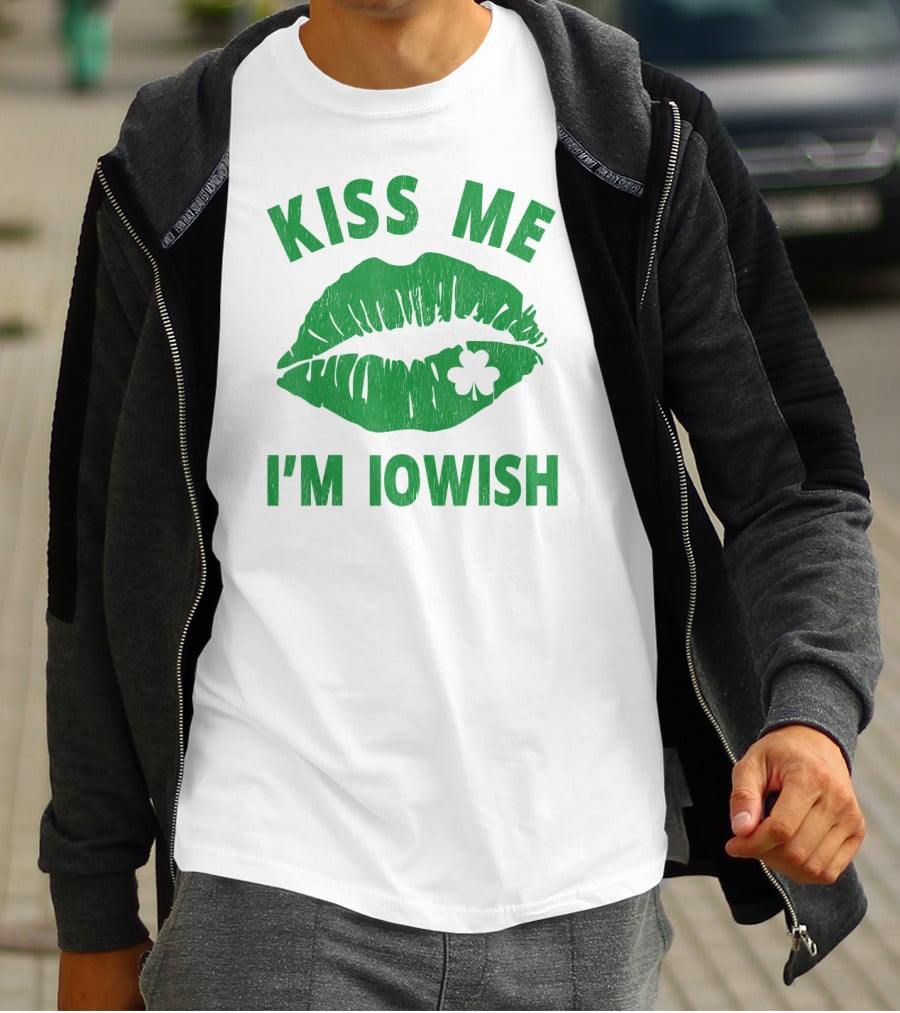 Kiss Me I'm Iowish St Patrick's Day Green Lips With Clover T-Shirt