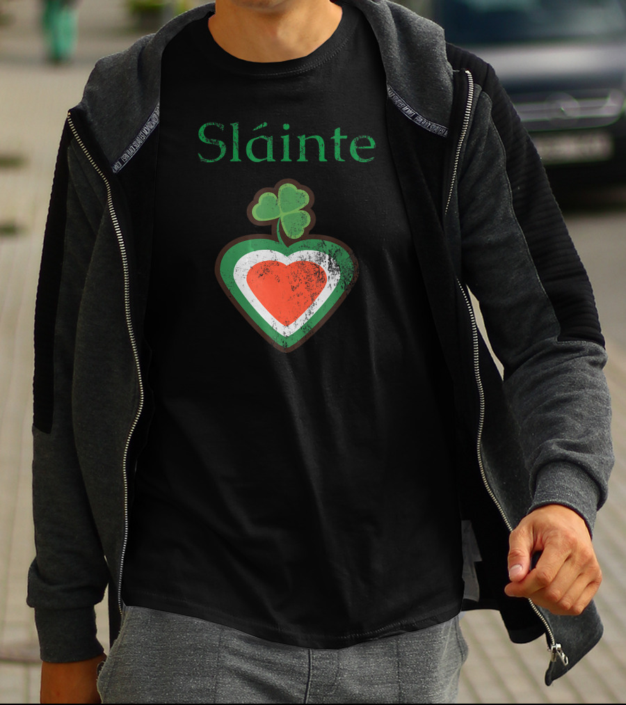 Sláinte Irish Shamrock Heart Green White Red T-Shirt