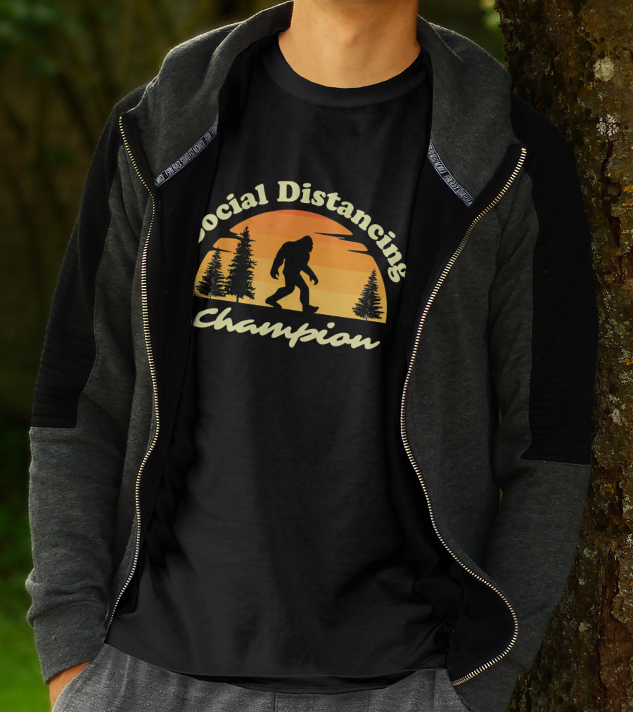 Social Distancing Champion Sasquatch Bigfoot Silhouette Sunset Forest Scene T-Shirt