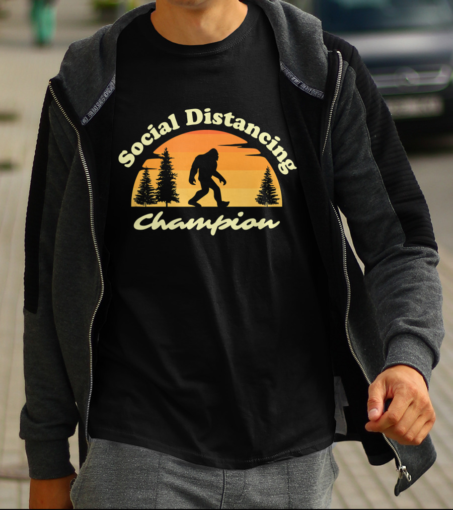 Social Distancing Champion Sasquatch Bigfoot Silhouette Sunset Forest Scene T-Shirt