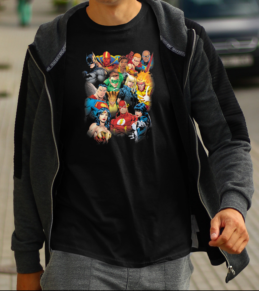 Justice League The League's All Here Heroes Unite Iconic Team Members T-Shirt