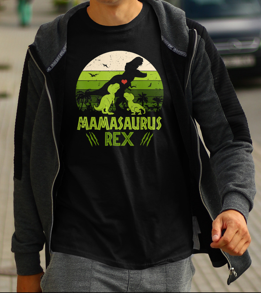 Mamasaurus Rex Dinosaur Lover Heart Jungle Scene With Two Kids T-Shirt