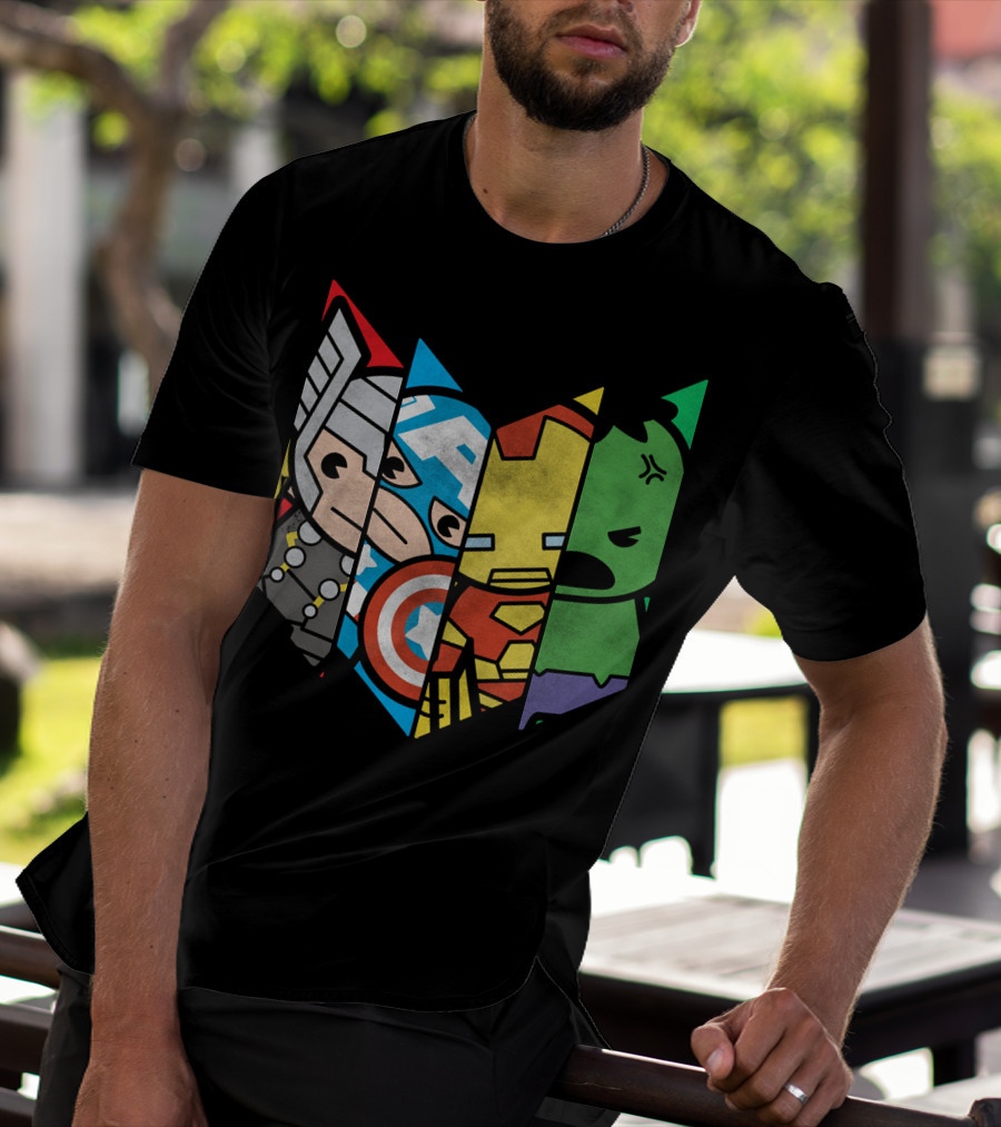 Marvel Avengers Cartoon Thor Captain America Iron Man Hulk Shield T-Shirt