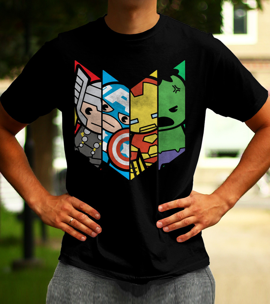 Marvel Avengers Cartoon Thor Captain America Iron Man Hulk Shield T-Shirt