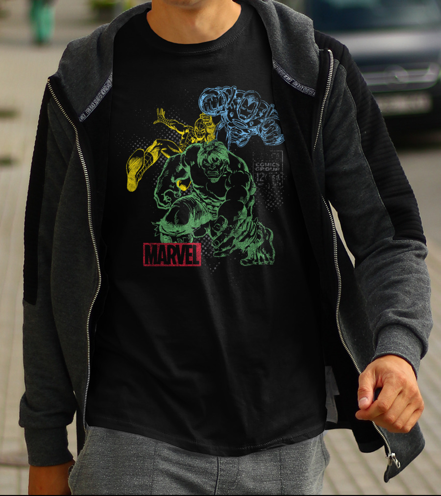 Marvel Hulk Iron Man Spider-Man Vintage Comic Group T-Shirt