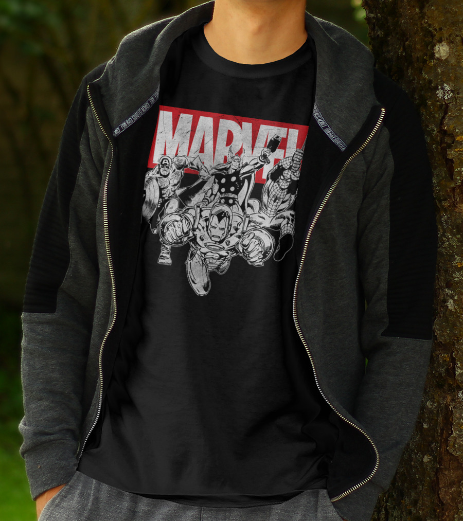 Marvel Avengers Captain America Thor Spider-Man Iron Man Grayscale T-Shirt