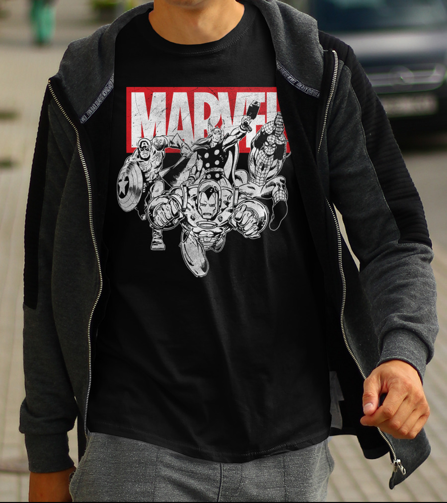 Marvel Avengers Captain America Thor Spider-Man Iron Man Grayscale T-Shirt