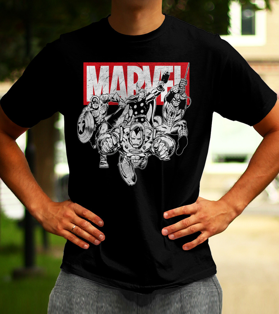 Marvel Avengers Captain America Thor Spider-Man Iron Man Grayscale T-Shirt