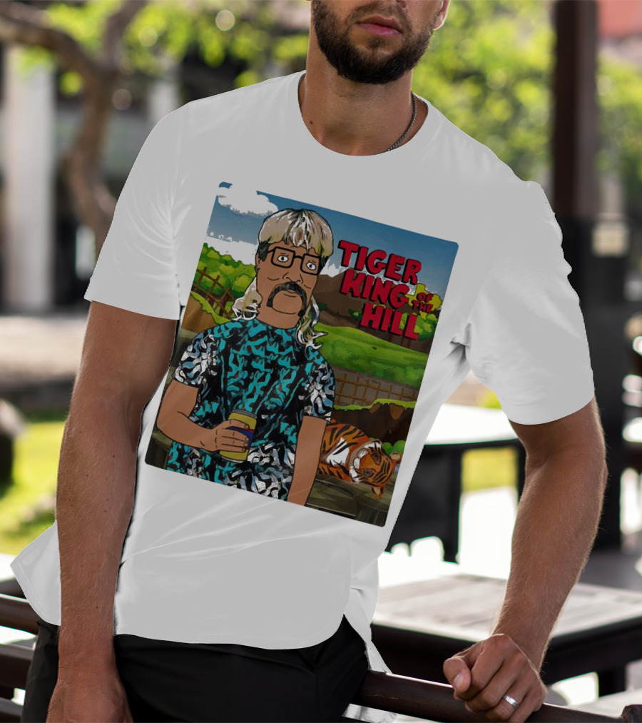 Tiger King Of The Hill In Cartoon Style With Tiger And Guy Holding Drink T-Shirt