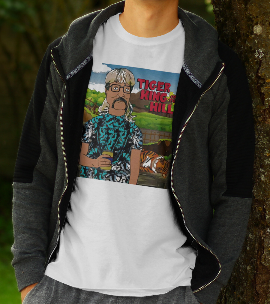 Tiger King Of The Hill In Cartoon Style With Tiger And Guy Holding Drink T-Shirt