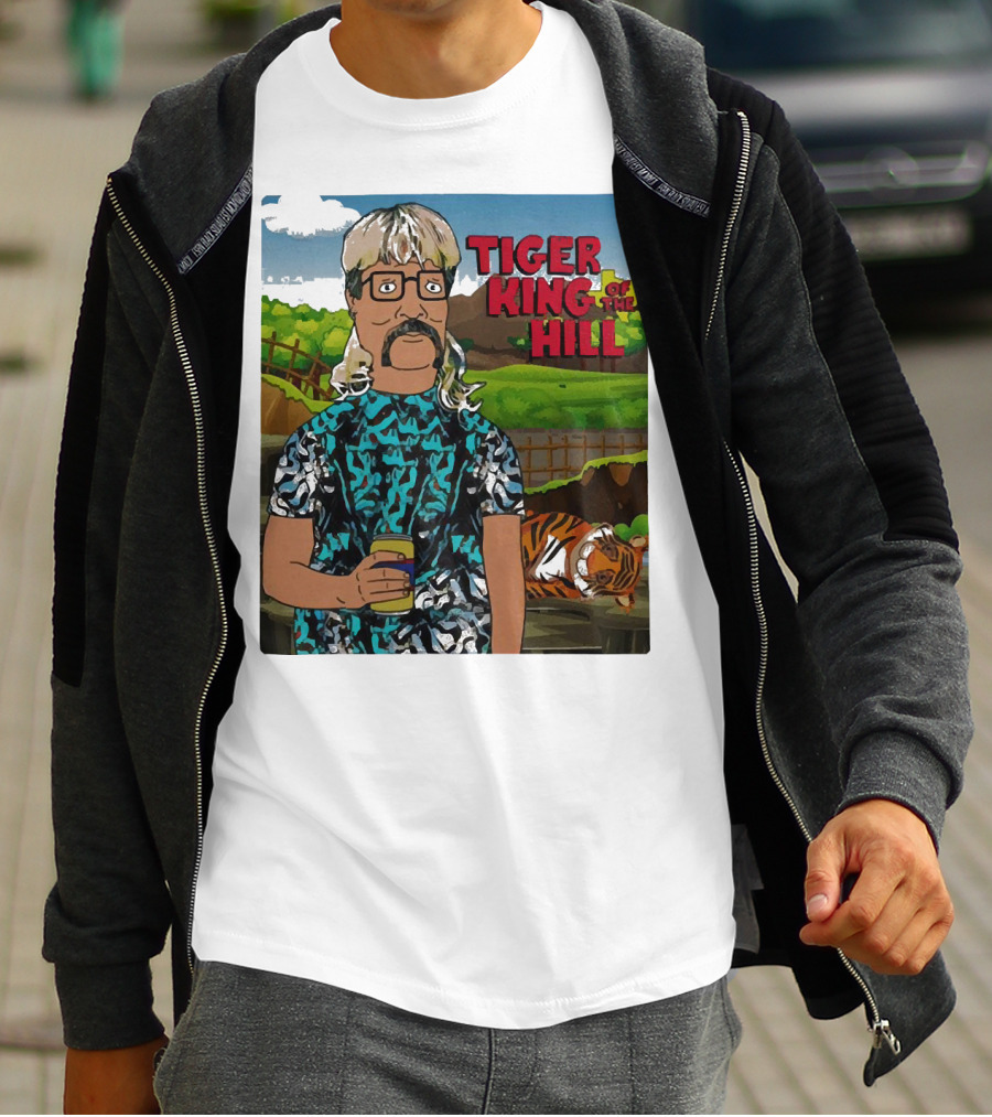 Tiger King Of The Hill In Cartoon Style With Tiger And Guy Holding Drink T-Shirt