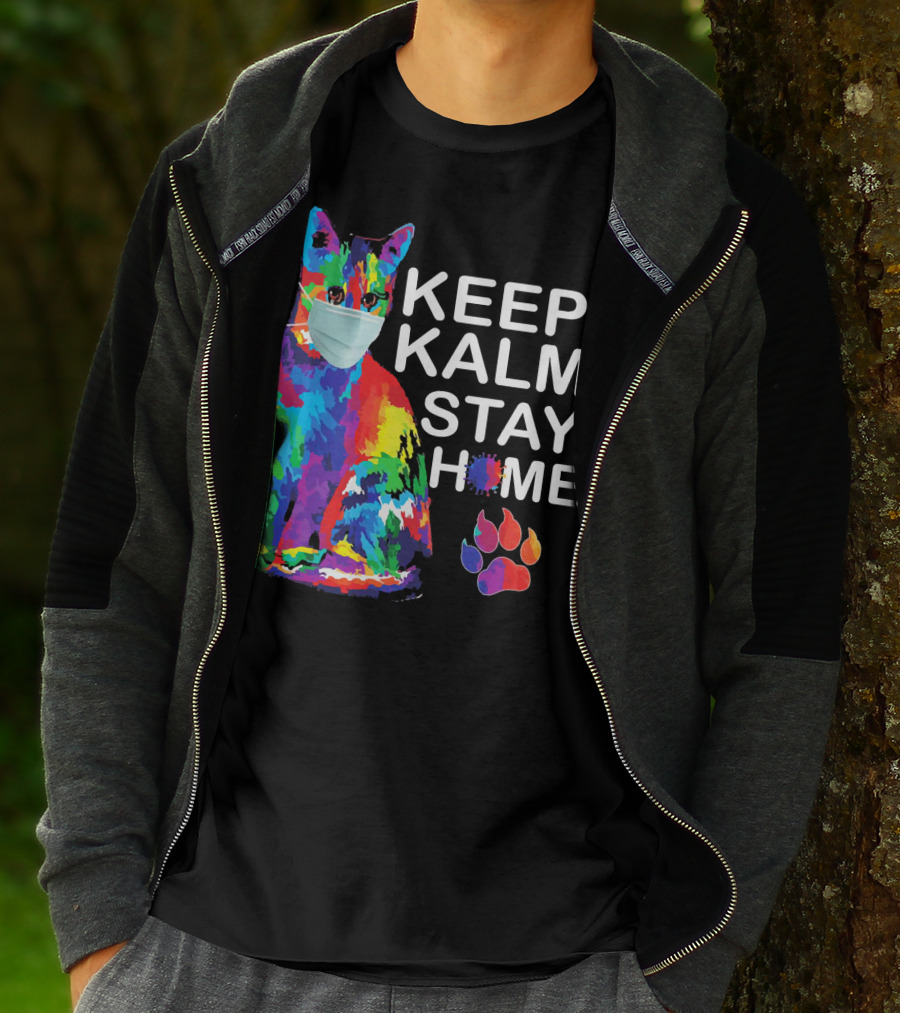 Colorful Masked Cat Keep Kalm Stay Home Ladies T-Shirt