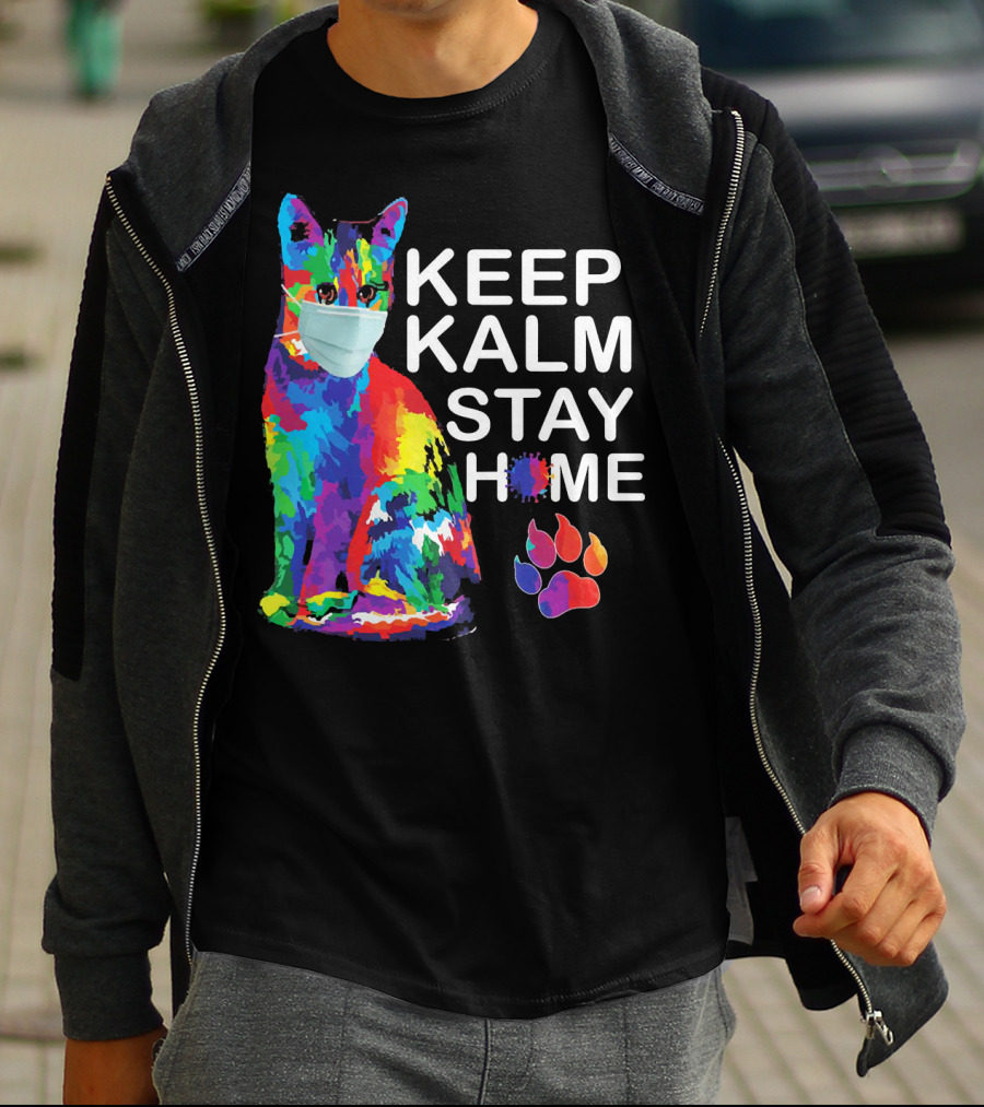 Colorful Masked Cat Keep Kalm Stay Home Ladies T-Shirt