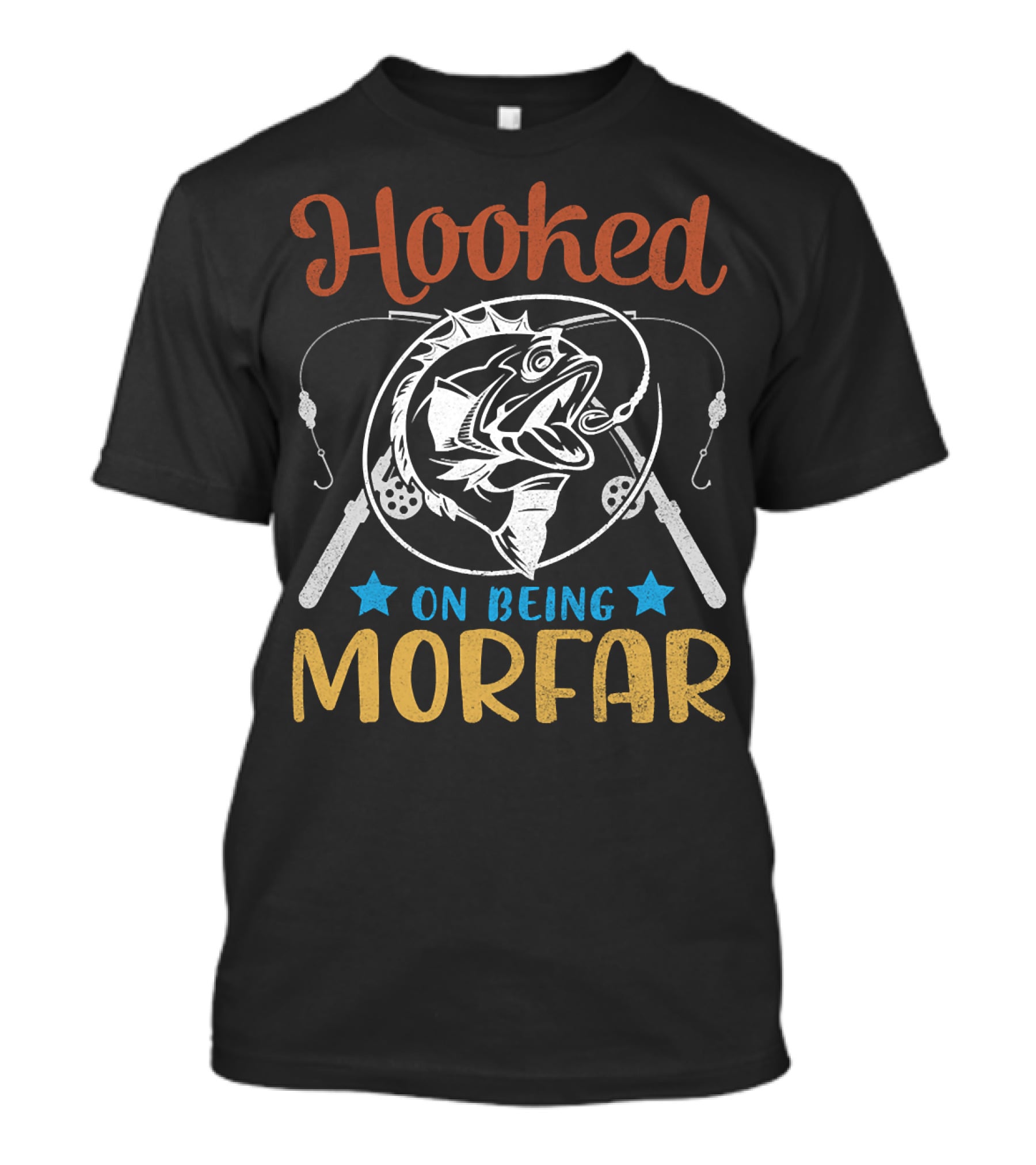 Hooked On Being Morfar Happy Fisher Grandpa 186 Fishing Rods And Stars T-Shirt
