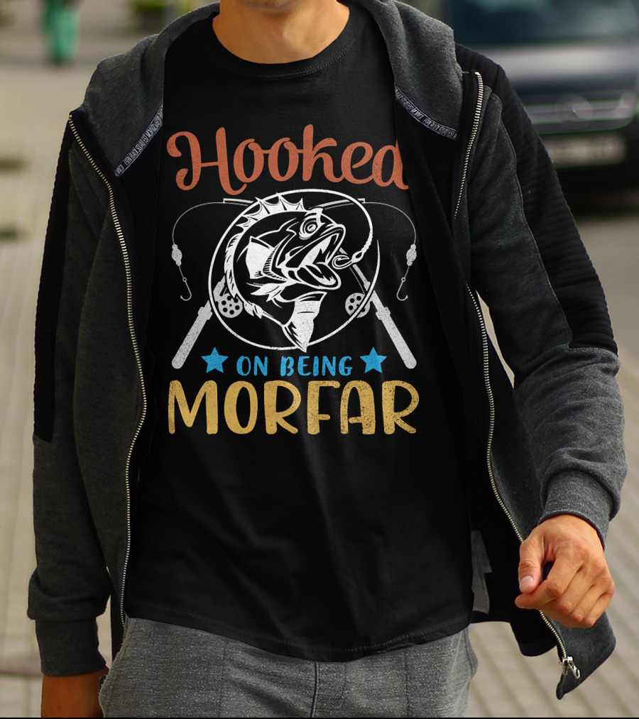 Hooked On Being Morfar Happy Fisher Grandpa 186 Fishing Rods And Stars T-Shirt