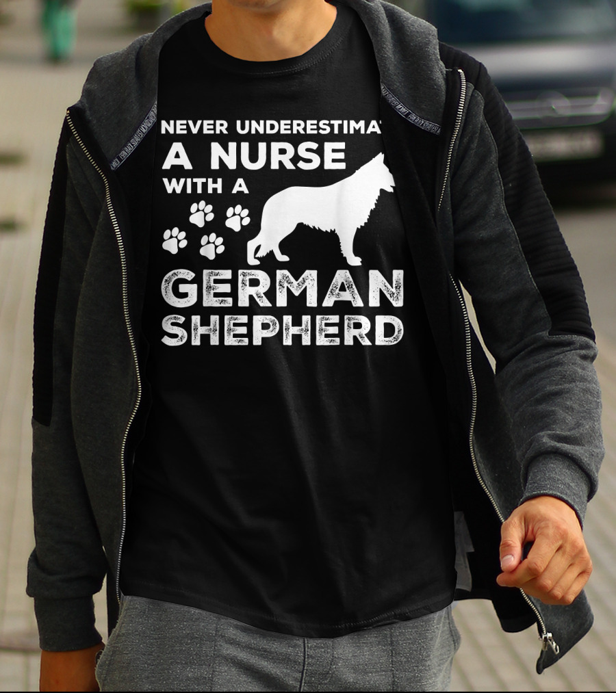 Never Underestimate A Nurse With A German Shepherd And Paw Prints T-Shirt