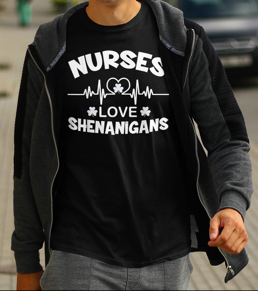 Nurses Love Heartbeat Shamrock Shenanigans T-Shirt